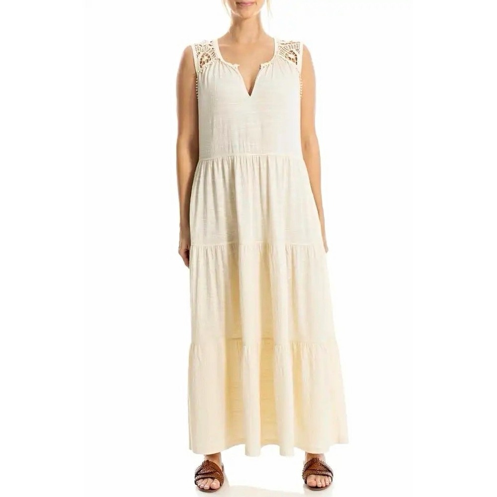 Max Studio London NWT Eggshell Solid Maxi Long Dress V-Neck Sleeveless Pockets M